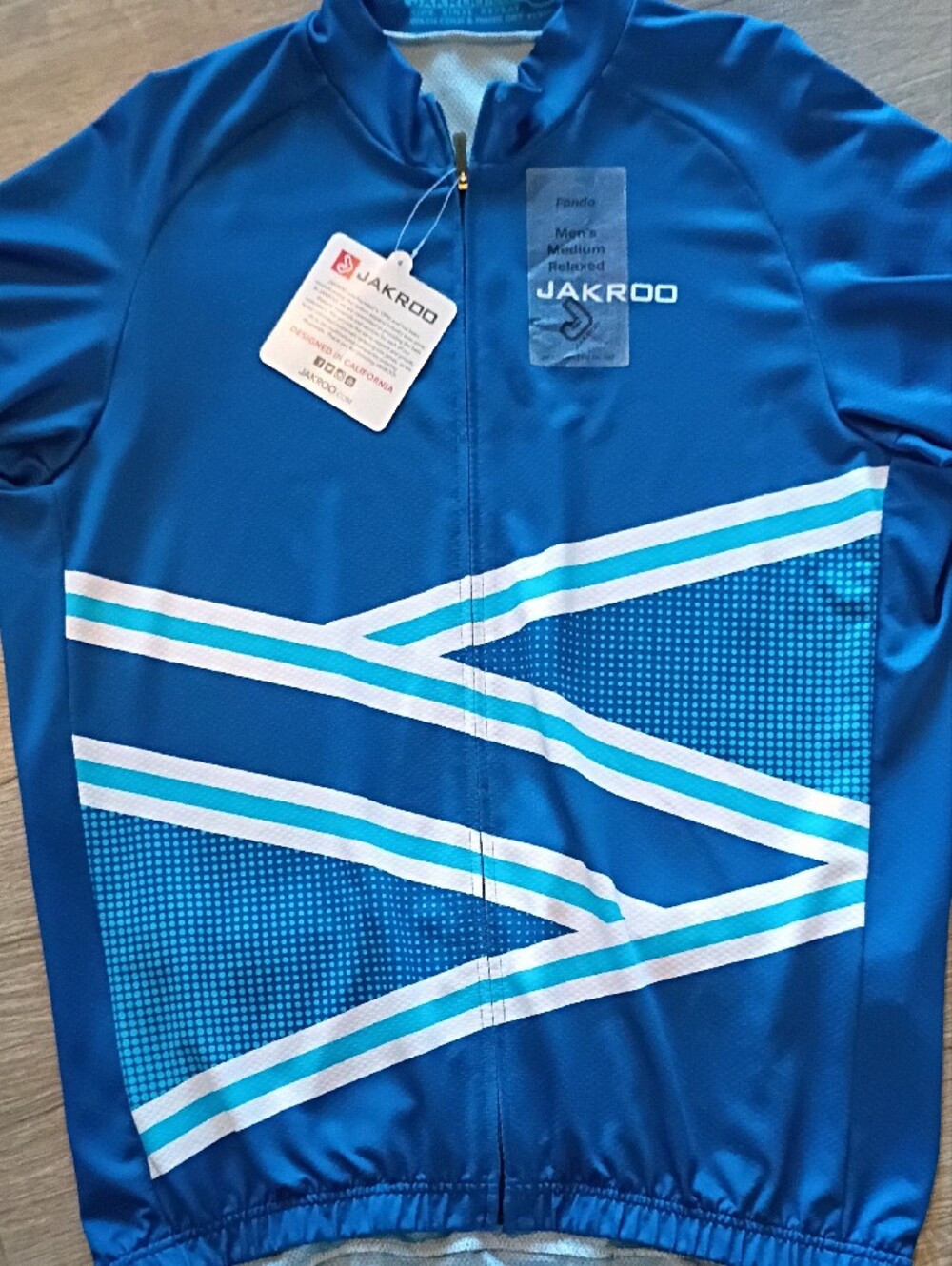 JAKROO Blue Cycling Jersey with White Stripes-NWT-Sz Medium-SS Back Pouch